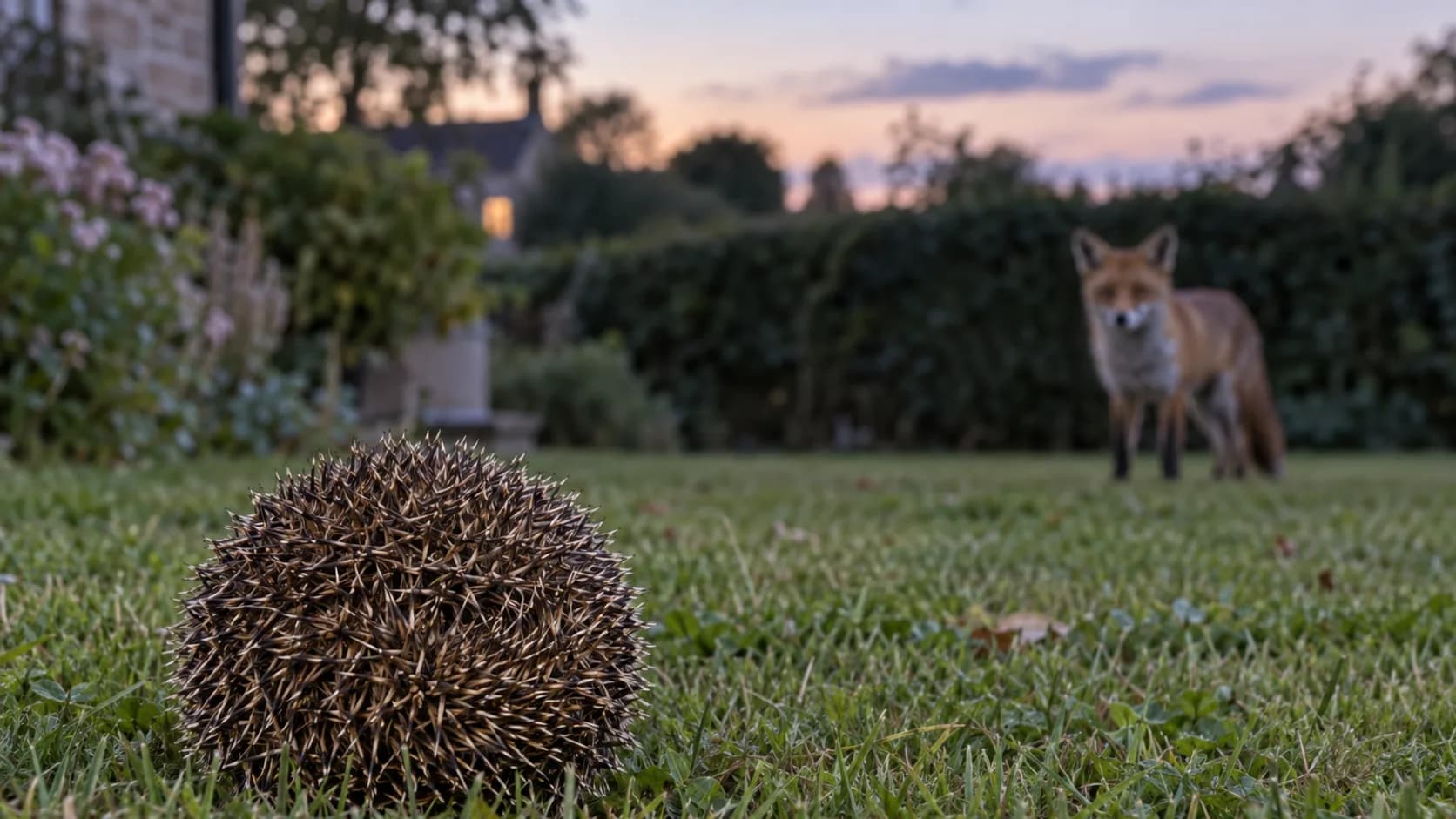 Eingerollter Igel im Gras, im Hintergrund ein Fuchs am Gartenrand
