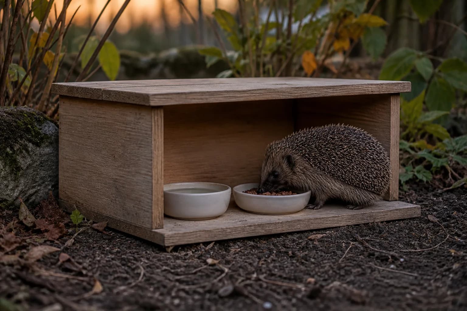 Igel an einer sauberen, separaten Futterstation mit Wasser- und Futterschale