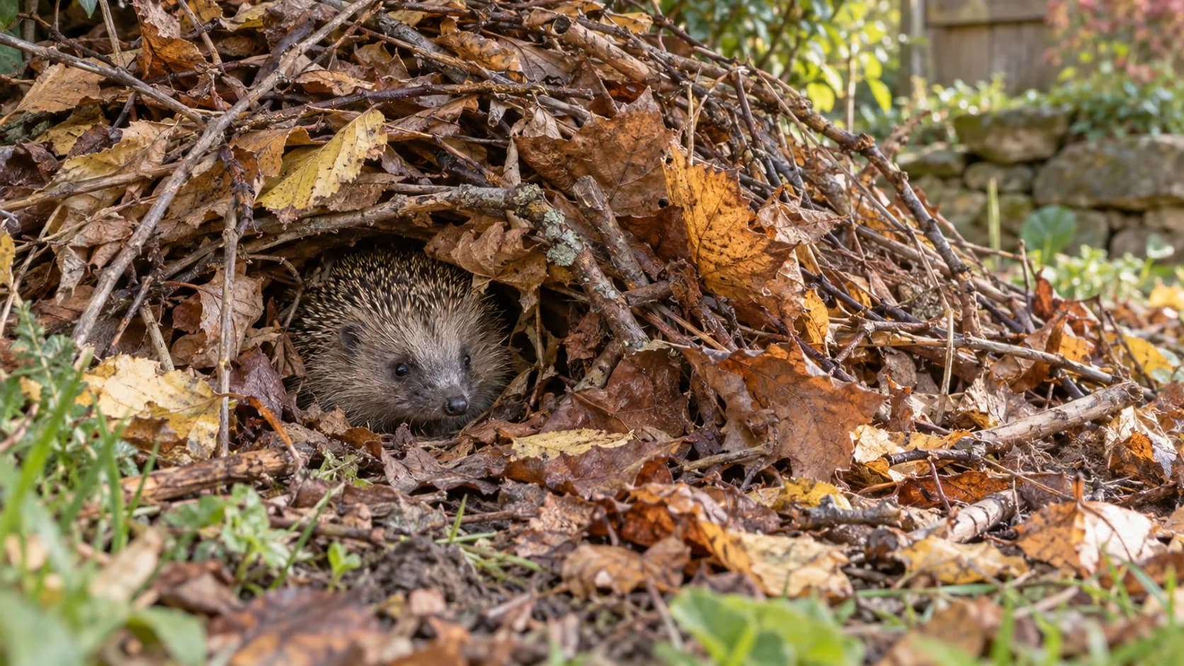 Igel schaut aus einem Haufen aus Laub, Reisig und Ästen unter einer Hecke