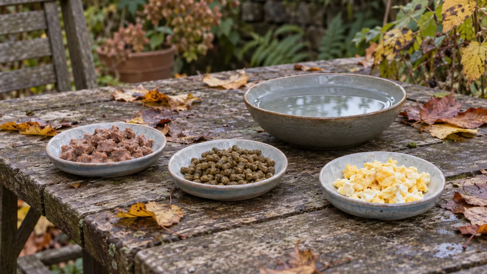 Schalen mit Nassfutter, Trockenfutter, Rührei und Wasser auf einem Holztisch im Garten