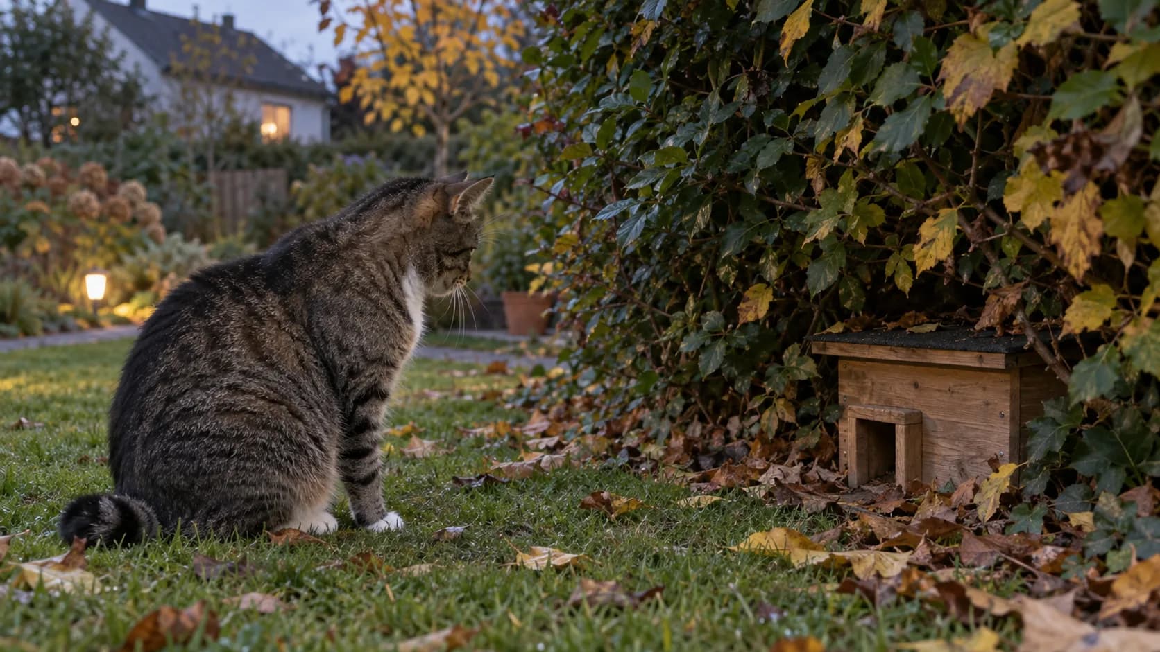 Getigerte Katze beobachtet ein Igelhaus aus Holz unter einer Hecke