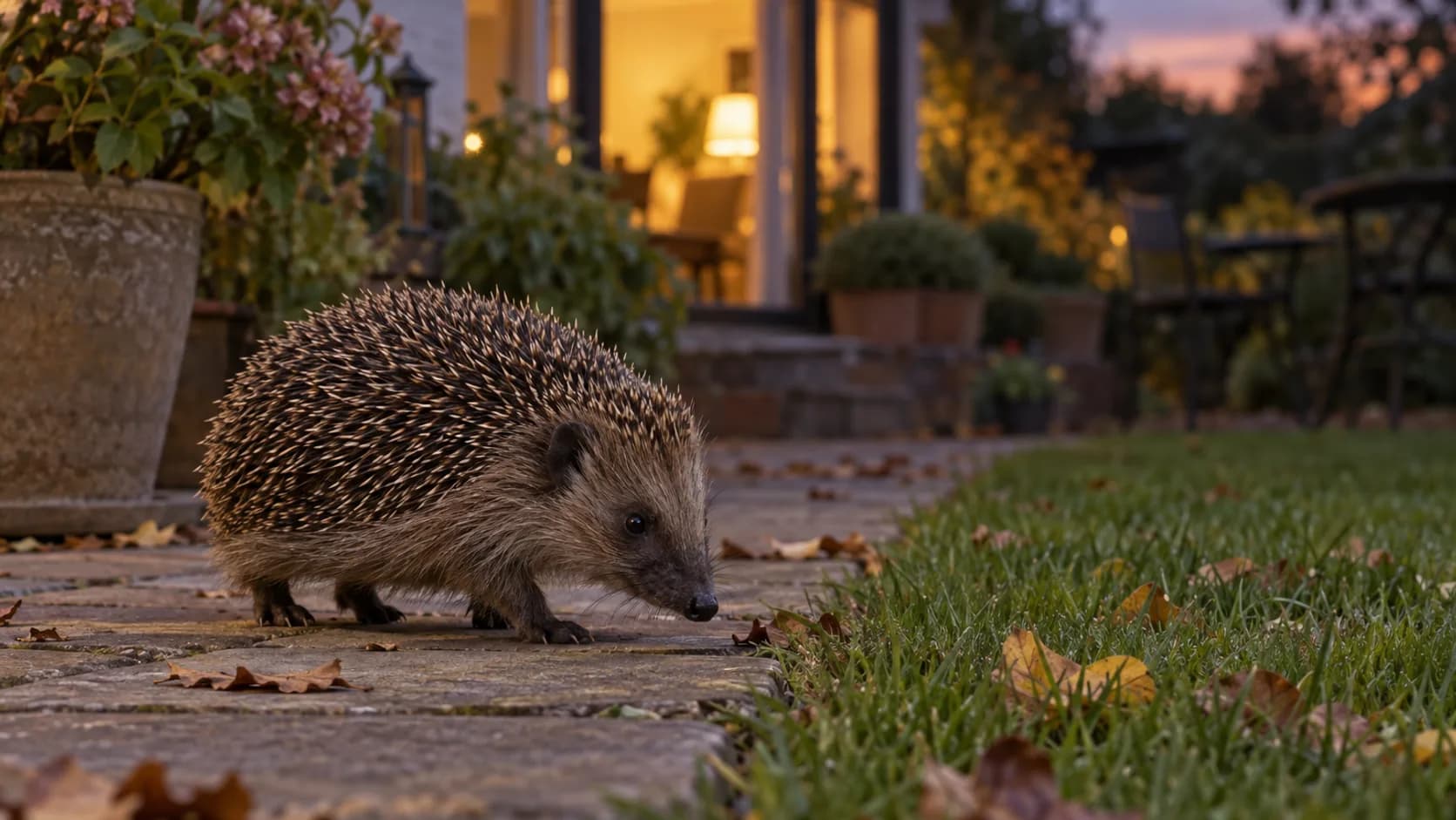 Europäischer Igel läuft in der Abenddämmerung über eine Terrasse am Rasenrand