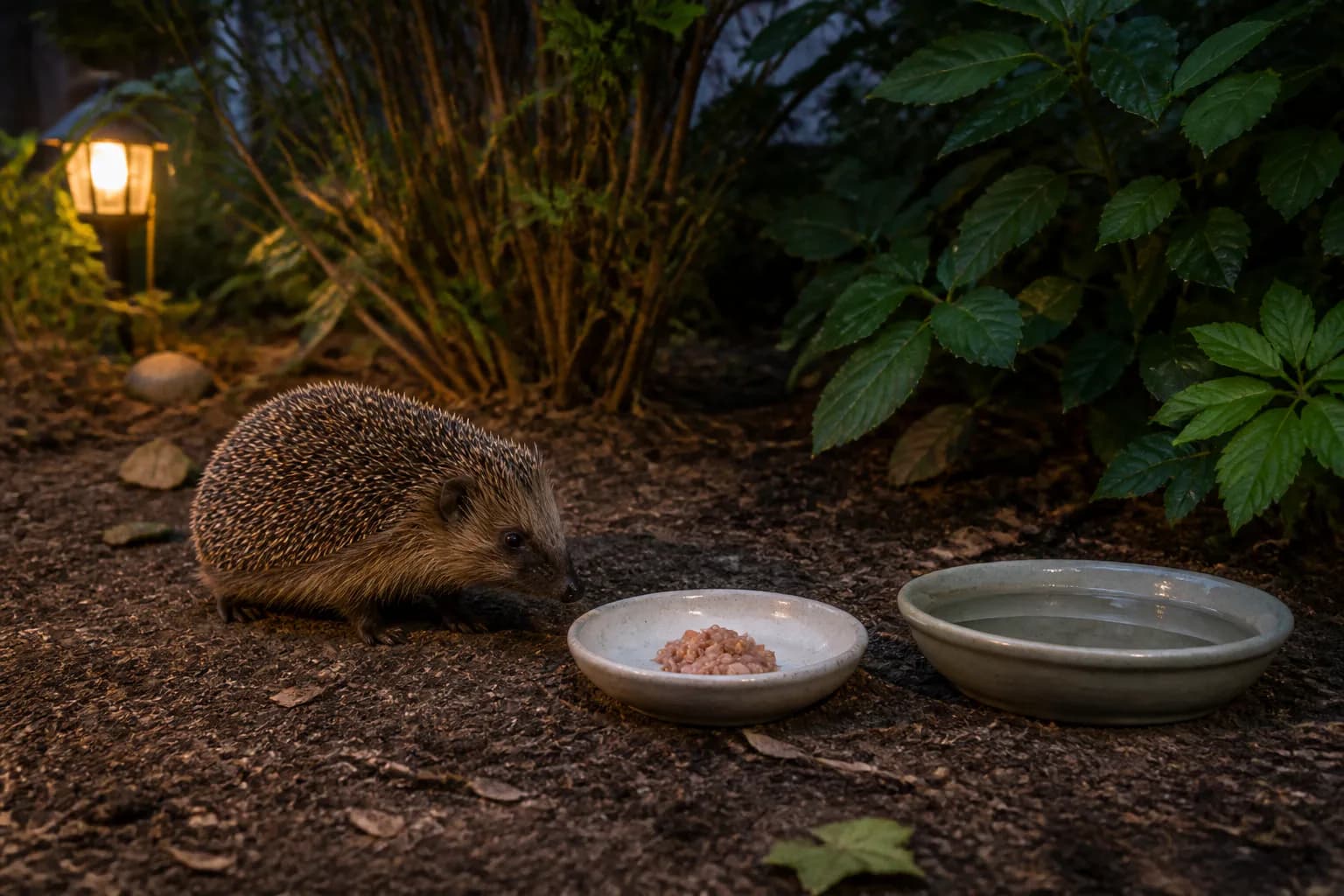 Europäischer Igel an einer sauberen Futterstelle mit zwei flachen Schalen