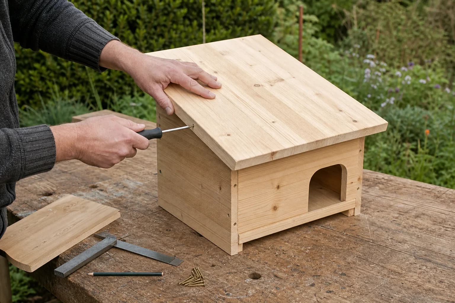 Hände beim sorgfältigen Bau eines Igelhauses aus unbehandeltem Holz