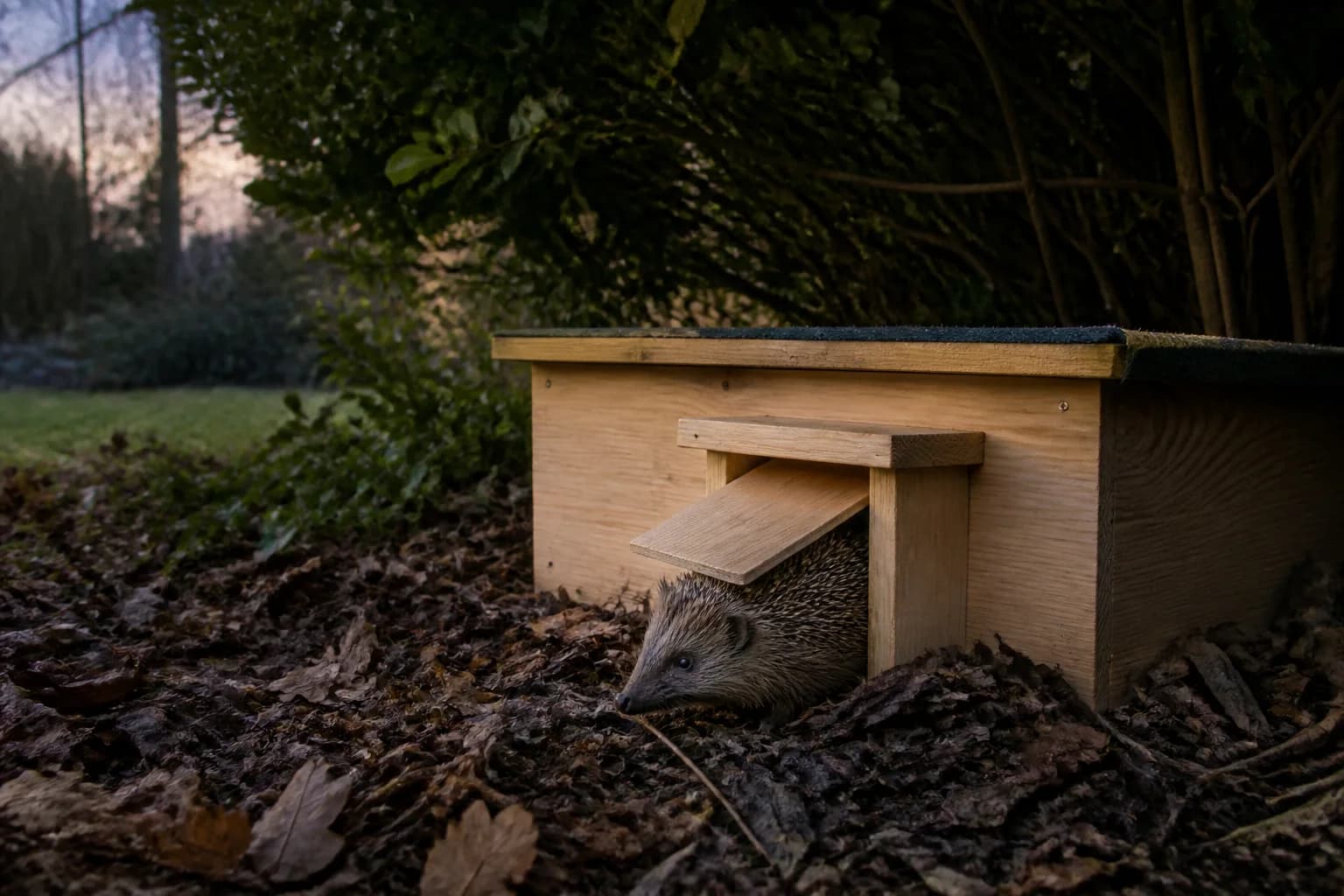 Igel am Eingang eines Holzhauses mit leicht beweglicher Schutzklappe